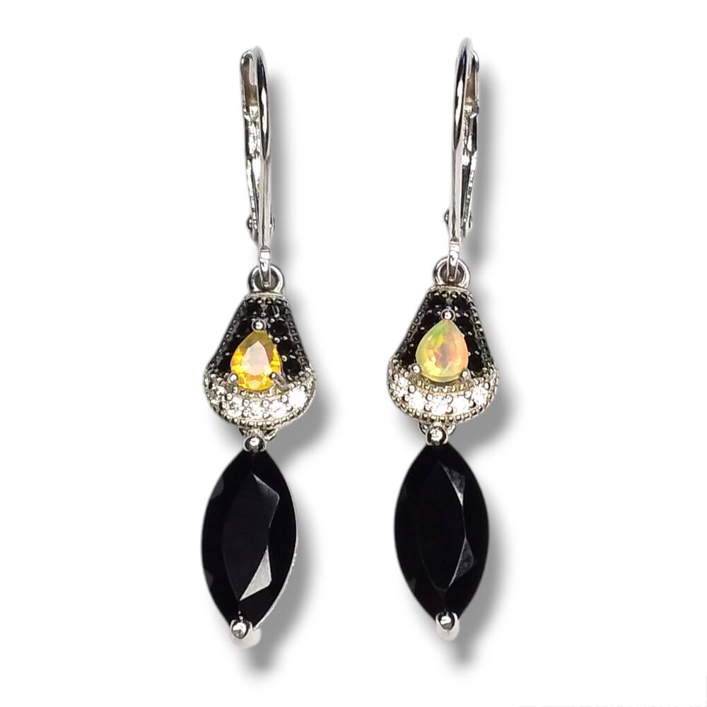 BBJ Dangle Earrings 925 Sterling Silver Marquise Black Onyx Opal Spinel 1 1/5in